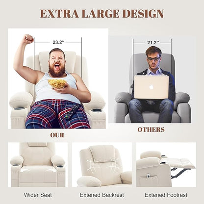 Oversized Swivel Rocker Recliner Sofa Chair with Heat and Massage, Large Big Recliner for Living Room,360 Degree Swivel Rocking Single Sofa with Cup Holders and USB Port(Fabric, Light Beige)