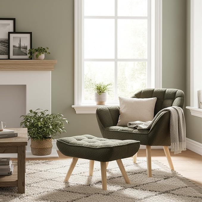 Small Accent Chair with Ottoman, Sherpa Upholstered Lounge Chair with Footrest, Comfy Reading Armchair with Wood Legs for Living Room Bedroom, Green