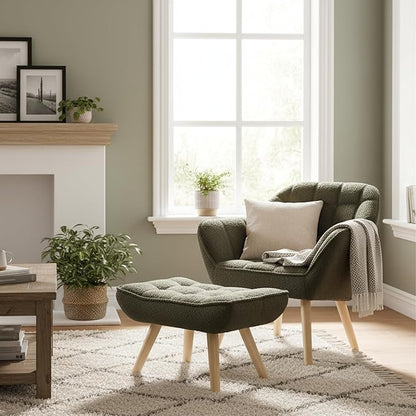 Small Accent Chair with Ottoman, Sherpa Upholstered Lounge Chair with Footrest, Comfy Reading Armchair with Wood Legs for Living Room Bedroom, Green