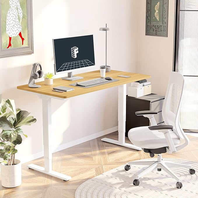 FLEXISPOT E6 3 Stages Dual Motor Electric Standing Desk 48x30 Inch Whole-Piece Board Height Adjustable Electric Sit Stand Desk(White Frame + Maple Desktop, 2 Packages)