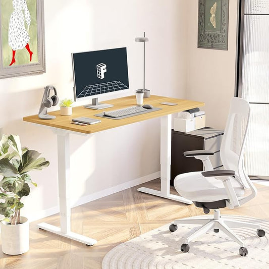 FLEXISPOT E6 3 Stages Dual Motor Electric Standing Desk 48x30 Inch Whole-Piece Board Height Adjustable Electric Sit Stand Desk(White Frame + Maple Desktop, 2 Packages)