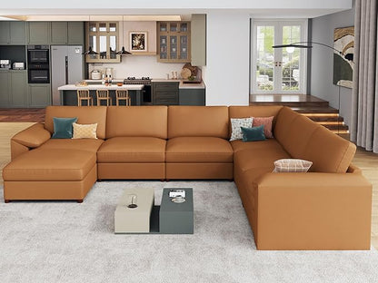EASE MOOSE Faux Leather Sectional with Ottoman, Oversized Modular Couch, Modular Sectional Sofa with Deep Seat, Scratch Resistant Faux Leather Material, U Shaped Couch for Big Spaces, Brown