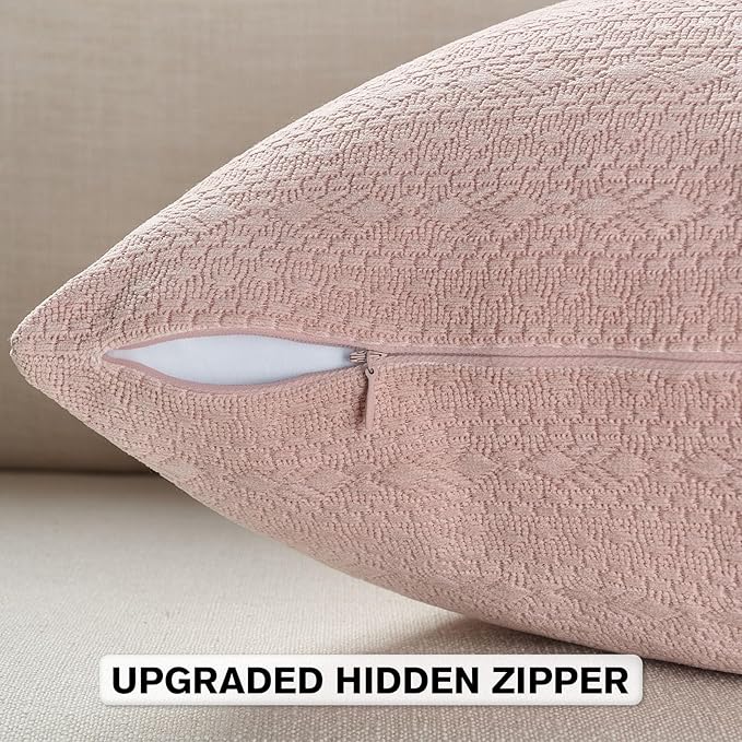 FUTEI Pink Chenille Throw Pillow Covers 18x18 Inch Set of 2,Soft Striped & Diamond Textured Cushion Cases,Modern Home Decor for Couch Living Room