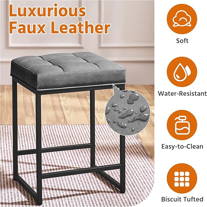 Yaheetech Bar Stools Set of 2, 24 Inch Counter Height Bar Stools Set, Backless Kitchen Island Stools, Faux Leather Stools for Kitchen Counter, Grey