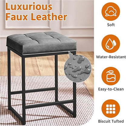 Yaheetech Bar Stools Set of 2, 24 Inch Counter Height Bar Stools Set, Backless Kitchen Island Stools, Faux Leather Stools for Kitchen Counter, Grey