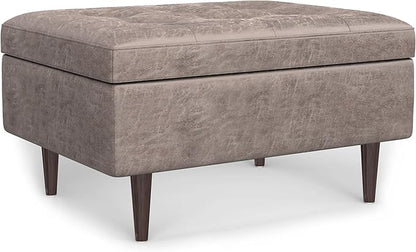 SIMPLIHOME Shay 34 inch Wide Mid Century Modern Small Rectangle Coffee Table Storage Ottoman in Distressed Grey Taupe Vegan Faux Leather, Assembled, for The Living Room and Entryway