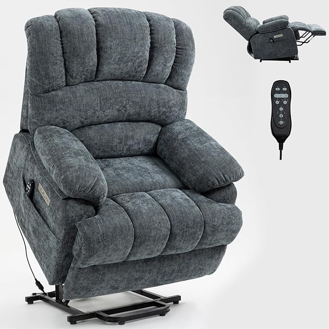 Power Lift Recliner Chair for Elderly with Heat Function, 8 Node Massage with 3 Selectable Modes, Oversized Electric Lift Recliner Single Sofa for Living Room with USB, Blue-Grey