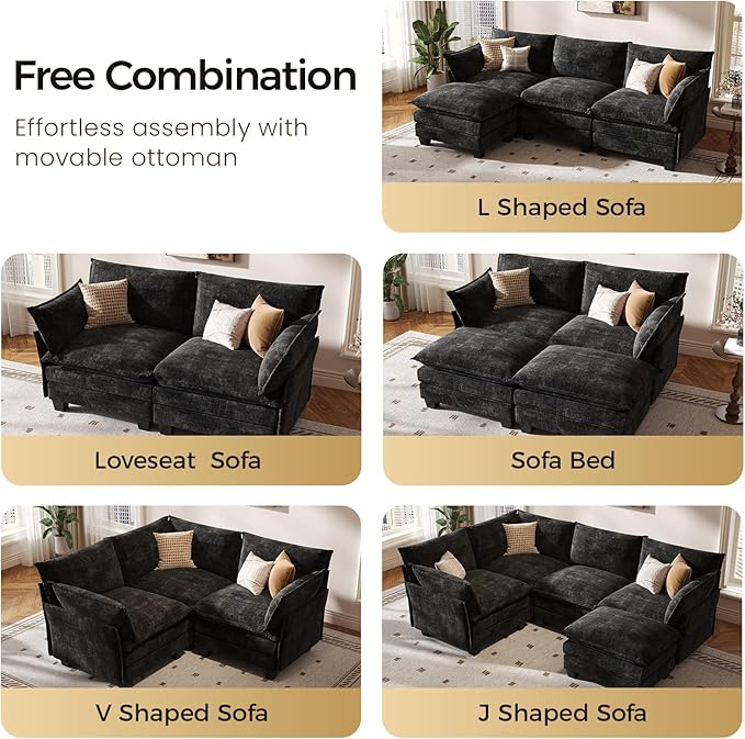 KKL Modular Sectional Sofa Bed, 4 Seater Convertible L-Shaped Sleeper Cloud Couch with Ottoman, Chenille Sectional Couches for Living Room, Apartment Black