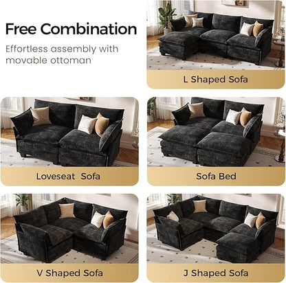 KKL Modular Sectional Sofa, V-Shaped 3 Seater Cloud Couch with Ottoman, Chenille Modern Sectional Couches for Living Room, Apartment Black