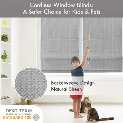 Madison Park Galen Cordless Roman Shade, 23"W x 64"H, Sheen Grey – Room Darkening, Thermal Insulated, Energy Efficient Window Blind with Subtle Sheen Basketweave Fabric for Privacy