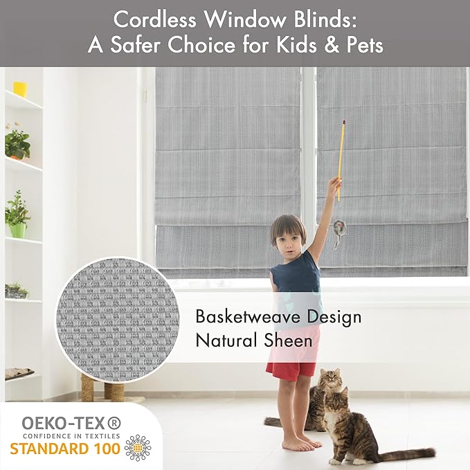 Madison Park Galen Cordless Roman Shade, 39"W x 64"H, Sheen Grey – Room Darkening, Thermal Insulated, Energy Efficient Window Blind with Subtle Sheen Basketweave Fabric for Privacy