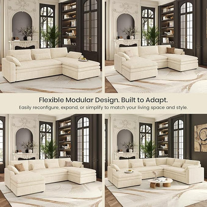 Belffin Large Modular Sectional Sofa with Double 61" Loveseat, Corduroy Corner Couch with 9" Soft Dual-Layer Seats Cushion for Living Room, Apartment, Small Sapce, Beige