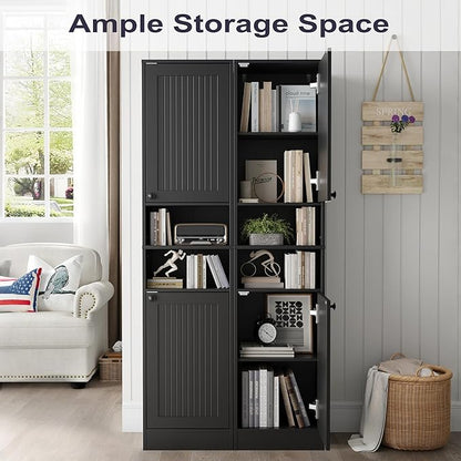 Farmhouse Bathroom Cabinet with 2 Doors, 67" Tall Slim Freestanding Cabinet, Narrow Floor Storage Unit with Open Shelf and Adjustable Shelves for Bathroom, Living Room, Kitchen, Black
