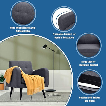 Giantex Upholstered Accent Chair, Modern Mid Century Linen Fabric Living Room Chair with Arms, Max Load 265 Lbs, Comfy Tufted Single Sofa for Reading, Bedroom, Office, Club, Grey
