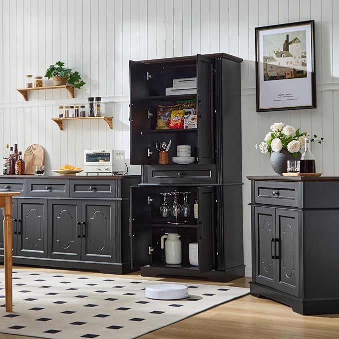Black Farmhouse Storage Cabinet with 2 Doors and 1 Drawer, Adjustable Shelf, Freestanding Kitchen Pantry Cabinet, Modern Buffet Sideboard Coffee Bar Cabinet Living Room Bathroom Dining Room