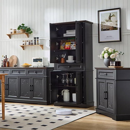 Black Farmhouse Storage Cabinet with 2 Doors and 1 Drawer, Adjustable Shelf, Freestanding Kitchen Pantry Cabinet, Modern Buffet Sideboard Coffee Bar Cabinet Living Room Bathroom Dining Room