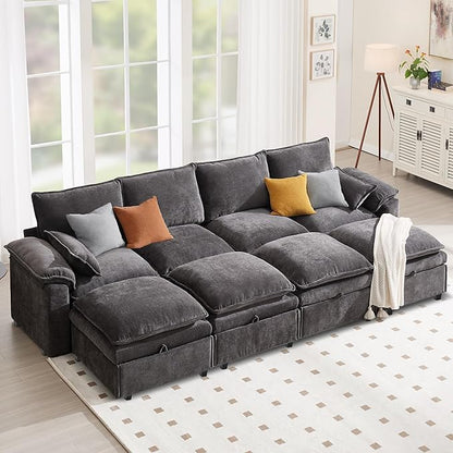130" U Shaped Modular Sectional Sofa, Couch with Ottoman Storage, Chenille Cloud Couch with Plush Deep Seating for Living Room, Bedroom (8 Seat, Grey)