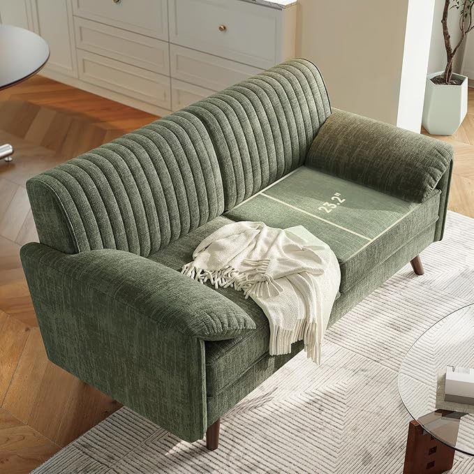 ONBRILL 64.5" Loveseat Sofa, Chenille Loveseat Couch for Living Room, 23.2" Deep Seat Love Seat with Padded Arms, Comfy Modern Small Couches for Bedroom, Small Spaces, Dorms, Office, Green