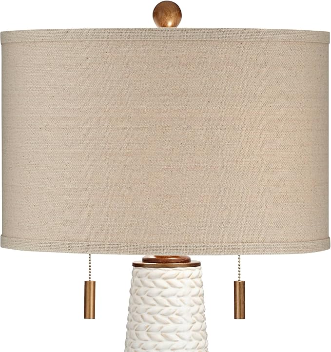 Possini Euro Design Kingston Mid Century Modern Table Lamps 32 3/4" Tall Set of 2 White Textured Ceramic Taupe Drum Shade Decor for Bedroom Living Family Room Bedside Nightstand House Home Office