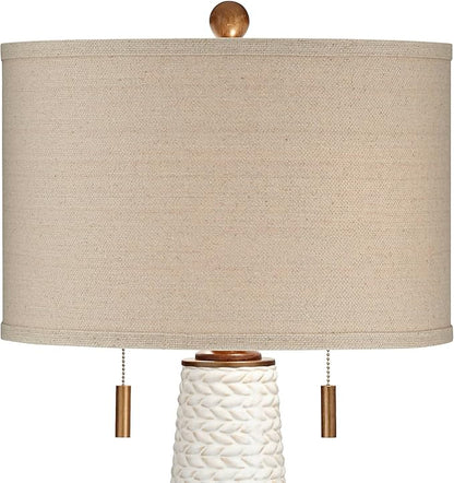 Possini Euro Design Kingston Mid Century Modern Table Lamps 32 3/4" Tall Set of 2 White Textured Ceramic Taupe Drum Shade Decor for Bedroom Living Family Room Bedside Nightstand House Home Office