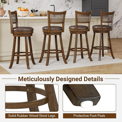 COSTWAY 30” Swivel Bar Height Barstool Set of 2, Rubber Wood Bar Stools with Rattan Backrest, Footrest, Upholstered Leathaire Armless Chairs for Kitchen Island, Pub, Brown (4, 30” Seat Height)