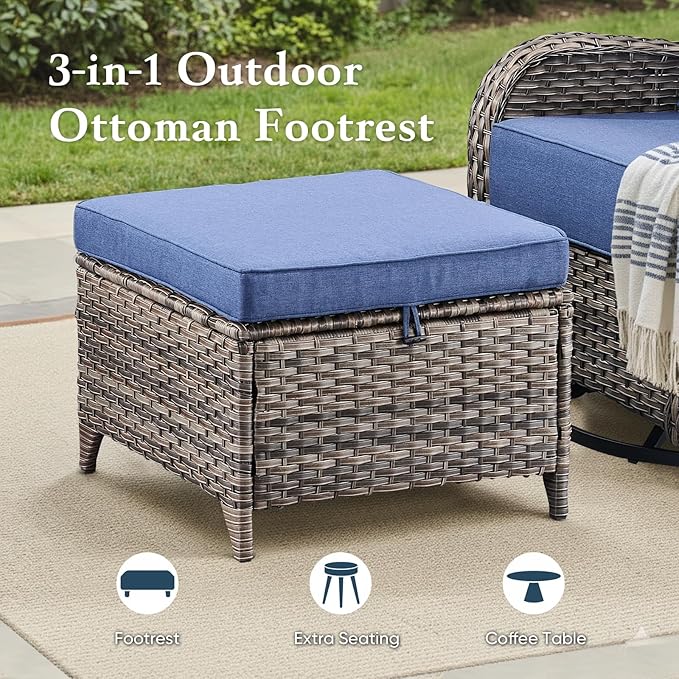 Belord Luxury 6" Thick Cushioned 6 Pieces Patio Furniture Set with Outdoor Couch, Wicker Outdoor Conversation Set with High Back Swivel Rocker Chairs for Deck Porch Yard and Poolside - Grey+Blue
