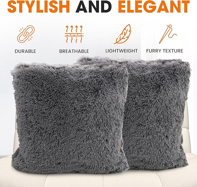 Cheer Collection Throw Pillows for Couch and Bed, Soft Shaggy Throw Pillows with Inserts Included, Cozy Long Hair Faux Fur Pillows - Set of 2-20" x 20" - Silver Gray