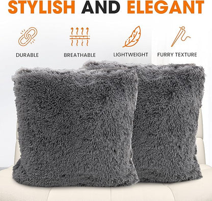 Cheer Collection Throw Pillows for Couch and Bed, Soft Shaggy Throw Pillows with Inserts Included, Cozy Long Hair Faux Fur Pillows - Set of 2-20" x 20" - Silver Gray