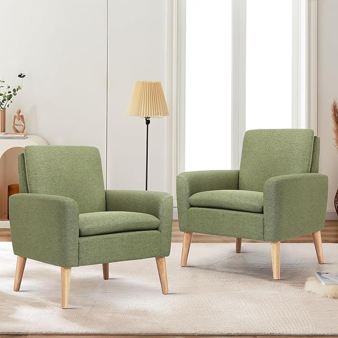 Lohoms Accent Chair Set of 2 Living Room Mid-Century Modern Chair, Upholstered Fabric Comfy Club Armchair Pair of Leisure Sofa Chairs for Bedroom, Small Apartment, Office, Green