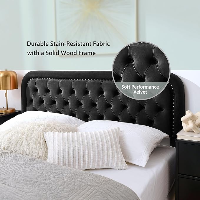 Tufted Upholstered Headboard,Button Solid Wood HeadBoards with Adjustable Height,Modern Performance Velvet Bed Head Boards,Easy Install&Nailhead (Black, King)