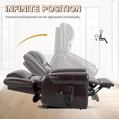 Luxlen Power Lift Recliner Chair for Elderly, Dual Motor Massage Recliner with Lumbar Heat, Heavy Duty Motion Mechanism Lift Chair with Charge Ports, Faux Leather - Antique Brown