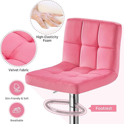 Yaheetech Pink Velvet Bar Stools, Adjustable Barstools Set of 4, Armless Swivel Counter Stools with Thickened Seat Cushion for Kitchen Island, Pink