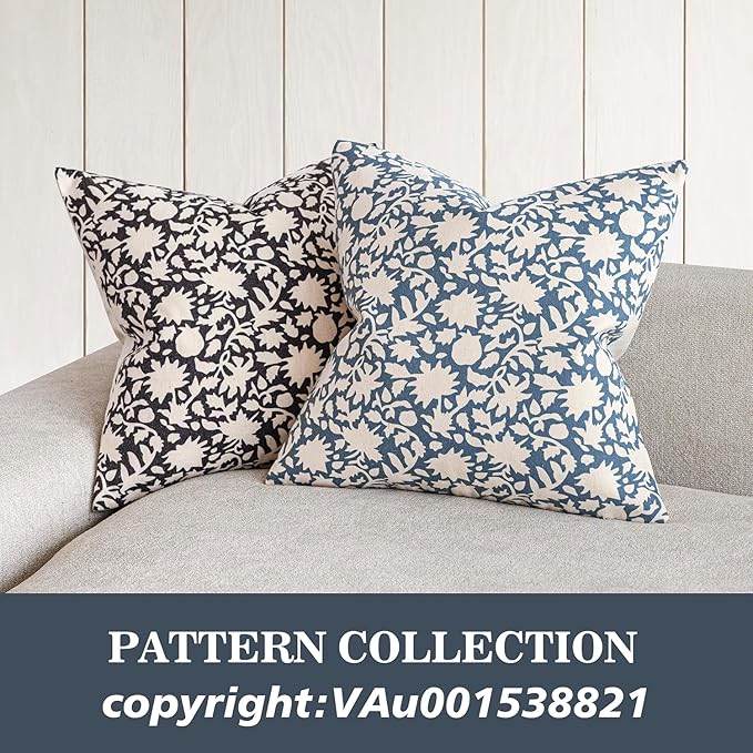 Foindtower Set of 2 Decorative Neutral Floral Throw Pillow Covers Accent Farmhouse Cushion Covers Boho Vintage Pillowcase for Couch Sofa Bedroom Living Room Home Decor,18×18 Inch,Dusty Blue