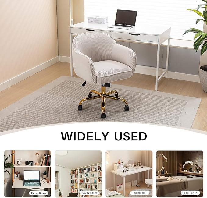 Home Office Desk Chair with Arms Gold Wheels Modern Velvet Upholstered Rolling Computer Chair Mid-Back Ergonomic Adjustable Swivel Vanity Chair for Bedroom Study Office, Beige,Corduroy