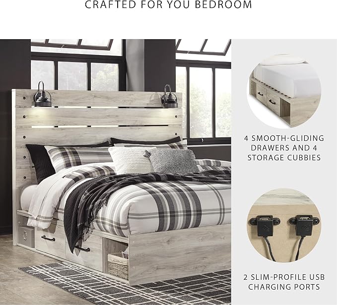 Signature Design by Ashley Cambeck Farmhouse King Panel Platform Bed with 4 Storage Drawers, Cubbies, Sconce Lights and USB Ports, Foundation or Box Spring Not Needed, Whitewash