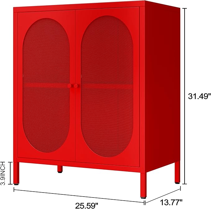 Metal Storage Cabinets with Doors and Shelf, Small Closet with High Feet, Display Cabinets with 2 Mesh Doors, Red Dresser for Home, Office, Living Room,Dining Room,Sideboard, Hallway and Entryway