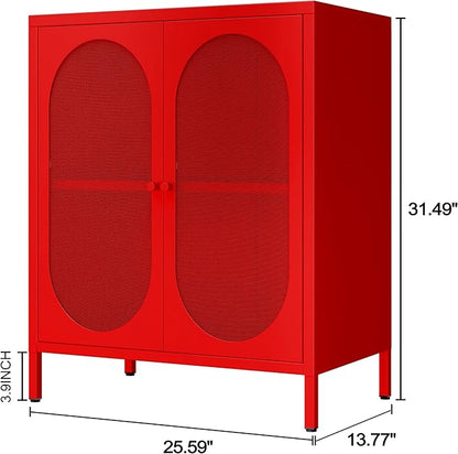 Metal Storage Cabinets with Doors and Shelf, Small Closet with High Feet, Display Cabinets with 2 Mesh Doors, Red Dresser for Home, Office, Living Room,Dining Room,Sideboard, Hallway and Entryway