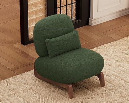 Morden Fort Sherpa Boucle Chair Single, Tilted Modern Wood Sofa Chair with Thick Cushion Comfortable Lumbar Pillow Armless Reading Accent Chairs Compatible with Sofa Set Couch for Living Room, Green