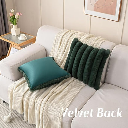 FUTEI Christmas Dark Green Decorative Throw Pillow Covers 16x16 Inch Set of 2, Square Soft Faux Rabbit Fur Thick Striped Cushion Cover,Winter Home Decor for Couch Bed Living Room