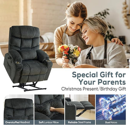 ABCASA Oversized Dual Motor Lay Flat Power Lift Recliner Chair with Massage, Heating, Lumbar Pillow, USB & Type-C Ports, Textile Lift Chair Recliner, Large Recliner for Big & Elderly People - Grey