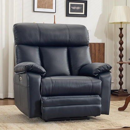 AEDI 450lbs Genuine Leather Power Recliner Chair for Big and Tall Adults Oversized Electric Reclining Sofa for Living Room,Extra Wide 27" Seat,USB Charging(Top Grain Leather,Dark Blue)