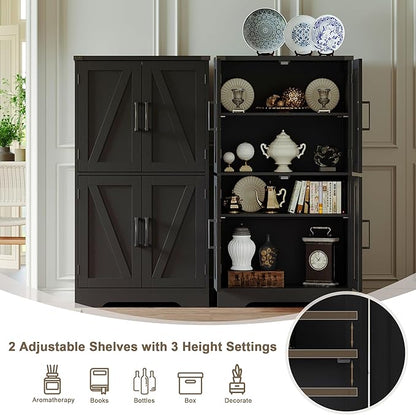 Treocho Bathroom Floor Cabinet, Farmhouse Bathroom Storage Cabinet with Doors and Adjustable Shelves, Freestanding Kitchen Pantry Cabinet, Cupboard for Living Room, Dining Room, Black