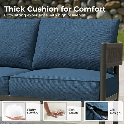 Grand patio 5-Piece Outdoor Furniture Set with 3-Seat Couch, Thick Cushions and Nesting Coffee Tables, Wicker Sofa Conversation Set for Backyard, Peacock Blue