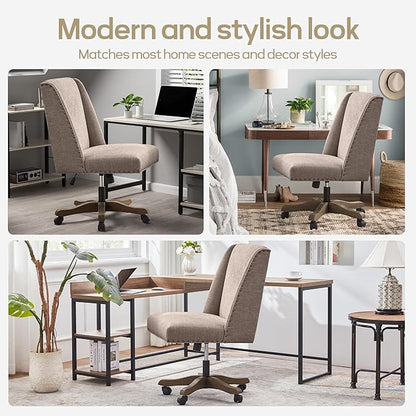Upholstered Armless Office Chair with Wooden Legs, Modern Adjustable Home Office Desk Chair Computer Chair Swivel Chair for Home Office Study Studio (Brown)