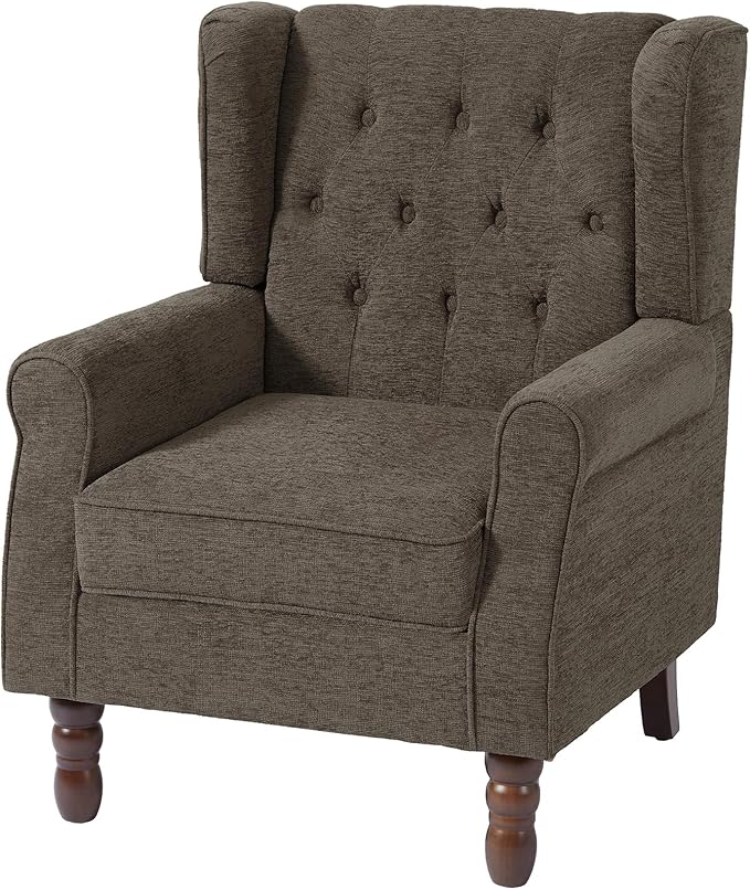 UIXE High Back Accent Chairs Set of 2, Fabric Upholstered Armchair Wingback Arm Club Chair for Living Room, Comfy Single Sofa Bedroom Reading Seat with Solid Wood Legs - Taupe