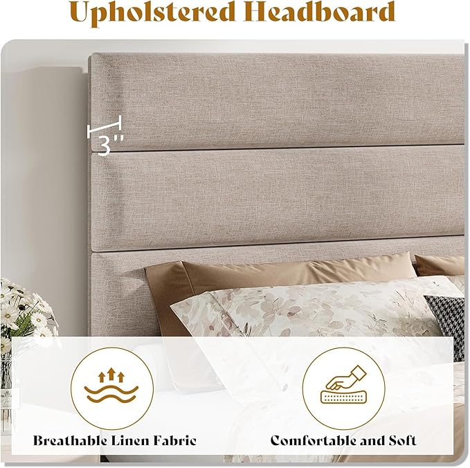 AMERLIFE Full Bed Frame with Linen Upholstered Headboard, Modern Platform Bed with Wooden Slats Support, Noise-Free, No Box Spring Needed, Easy Assembly, Beige