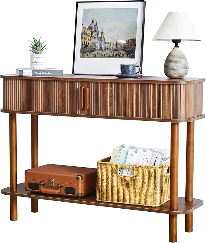 RARZOE Console Table with Storage, Fluted Entryway Table with Sliding Door&Open Shelf, Sofa Table Behind Couch, Mid-Century Modern Accent Table for Hallway, Entrance, Foyer, Fully Assembled(Walnut)