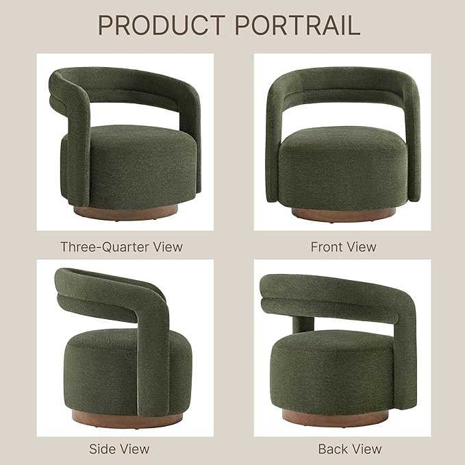 Swivel Accent Chair, Upholstered Barrel Chair with Open Back Design, Modern Arm Chair with Wooden Base for Living Room Bedroom Reading Waitingroom, Green