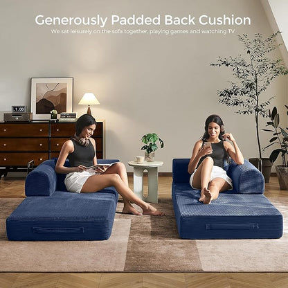79" Convertible Sofa Bed with Fixed-Shape Frame & Removable Armrests, Modular Corduroy Sleeper Sofa, Folding Mattress Couch for Small Spaces - No Assembly Needed in Navy Blue (Includes 2 Pillows)