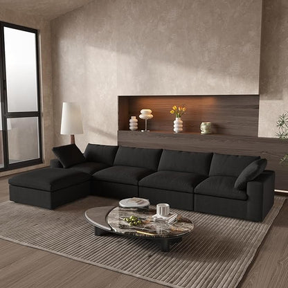 Cloud Couch Modular Sectional Sofa with Storage Ottoman,160.6" L Shaped Couch for Living Room,Down Filled 5 Seater Black Convertible Sectional Sofas,Covers Washable&Replaceable